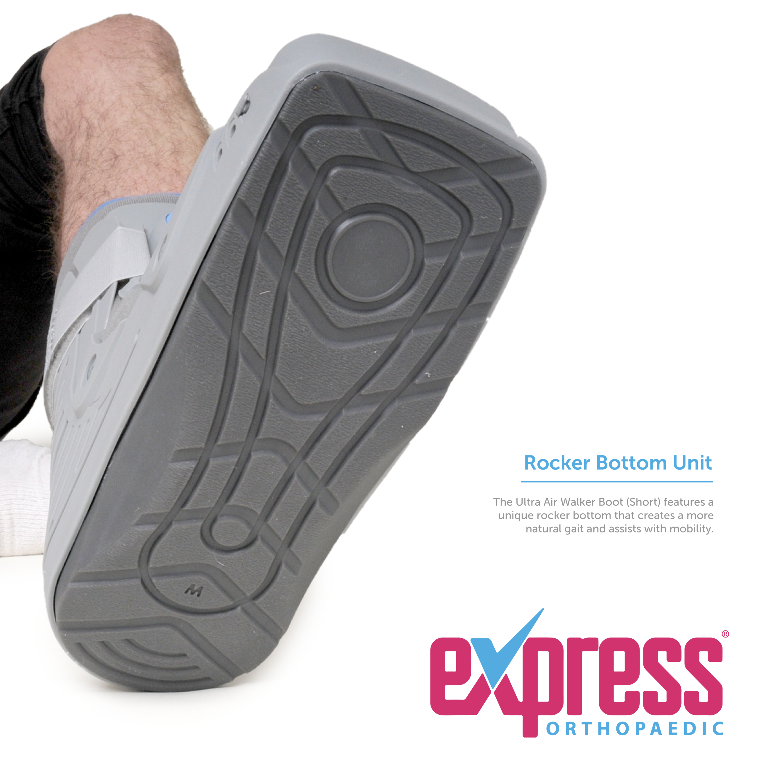 Short Walker Boot promotes a more natural gait via a rocker sole unit.