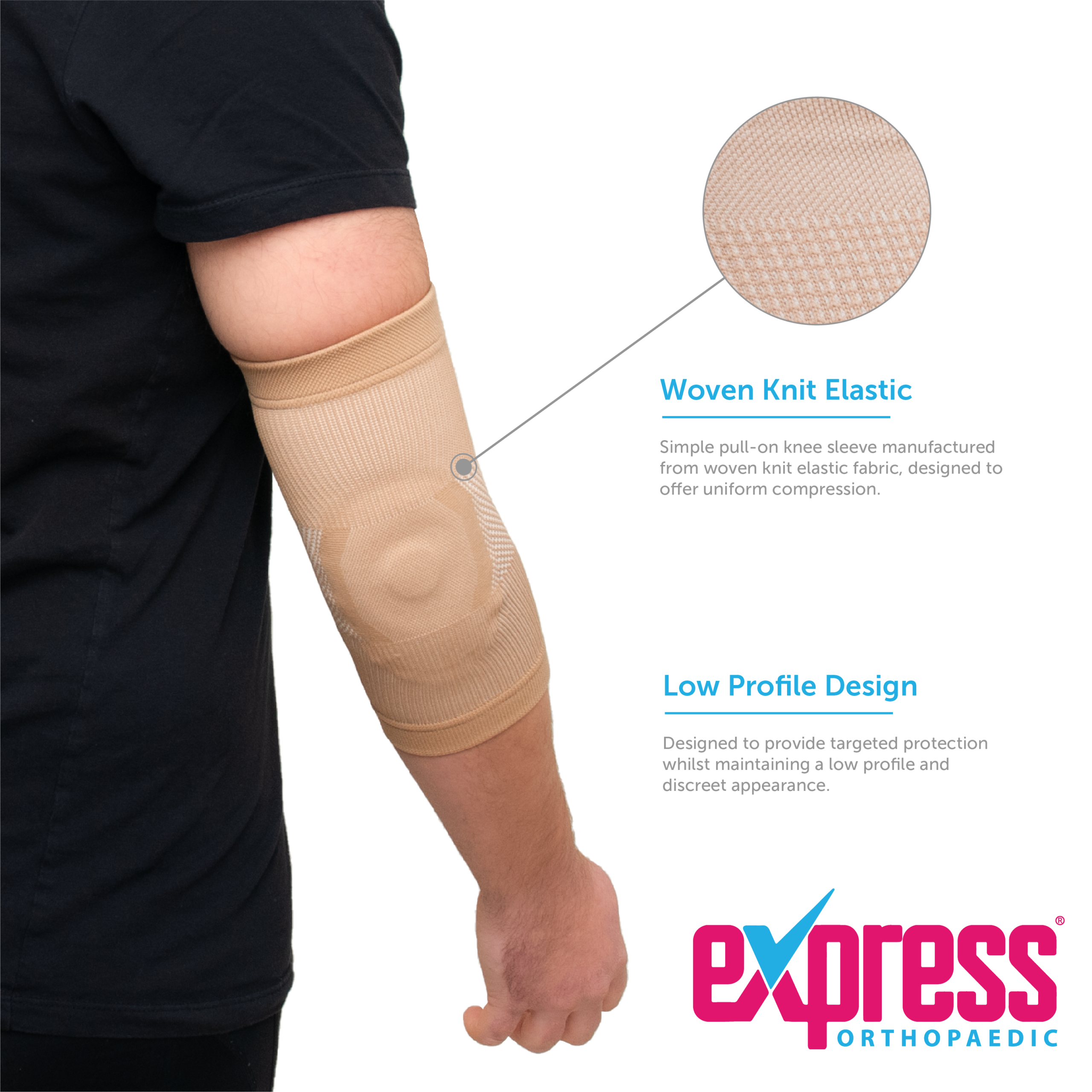 Manufactured from a woven knit elastic fabric for uniform compression