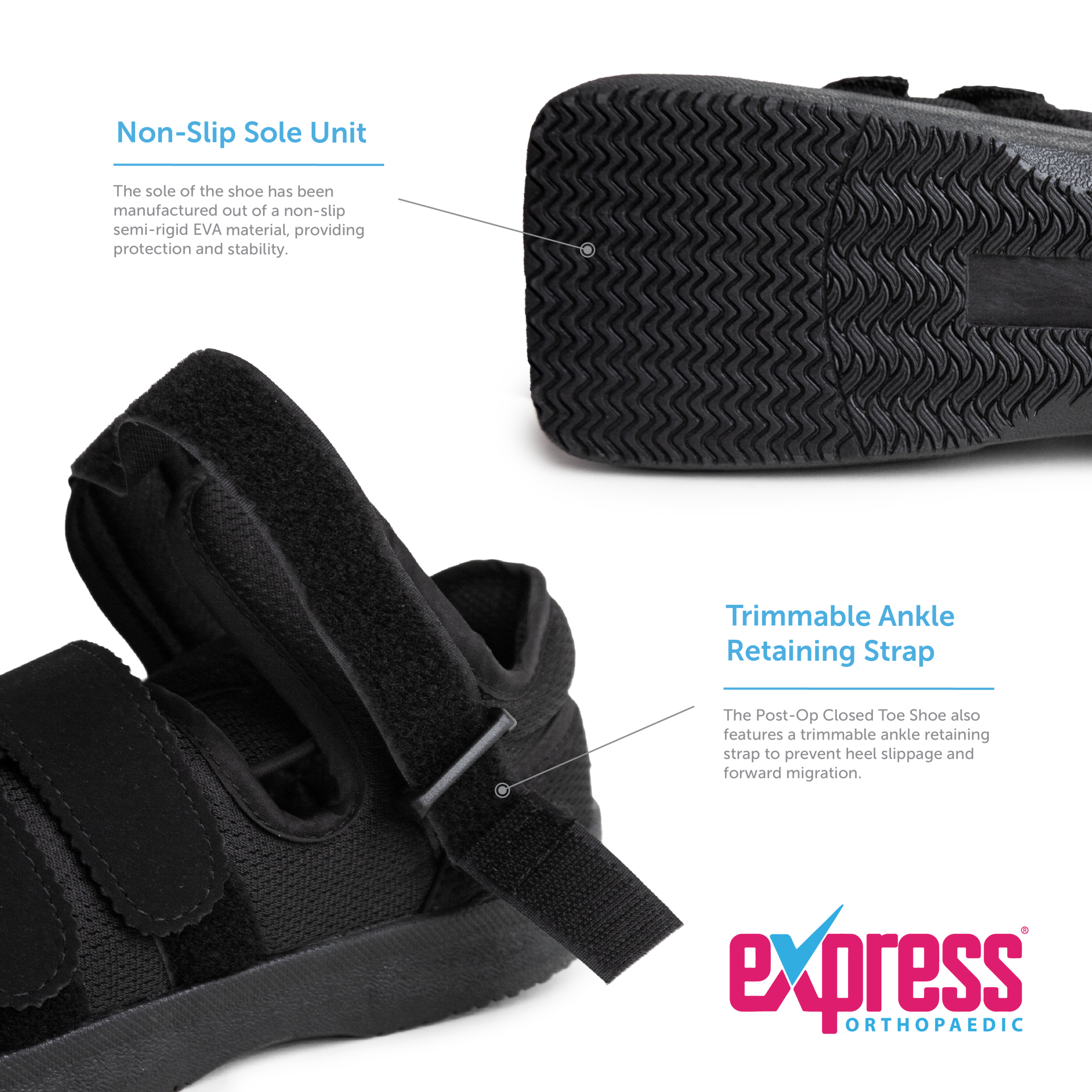 Post-Op Closed Toe Shoe by Express Orthopaedic® - Non-slip Sole & Trimmable Ankle Retaining Strap